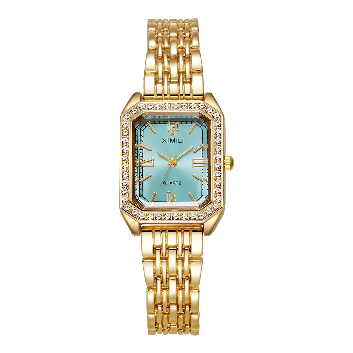 Reloj de cuarzo dorado con esfera azul claro y detalles de strass en bisel y pulsera.