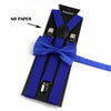 A set of blue polyester suspenders with bow ties displayed on a black card.