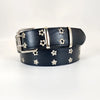 A black leather belt with silver hardware and gold star studs, shown flat.