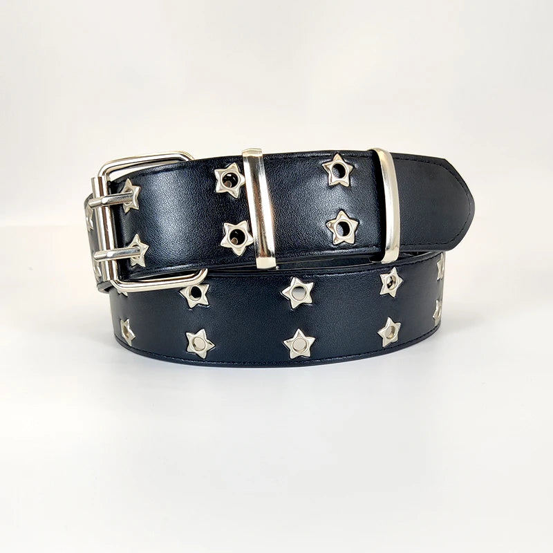 A black leather belt with silver hardware and gold star studs, shown flat.
