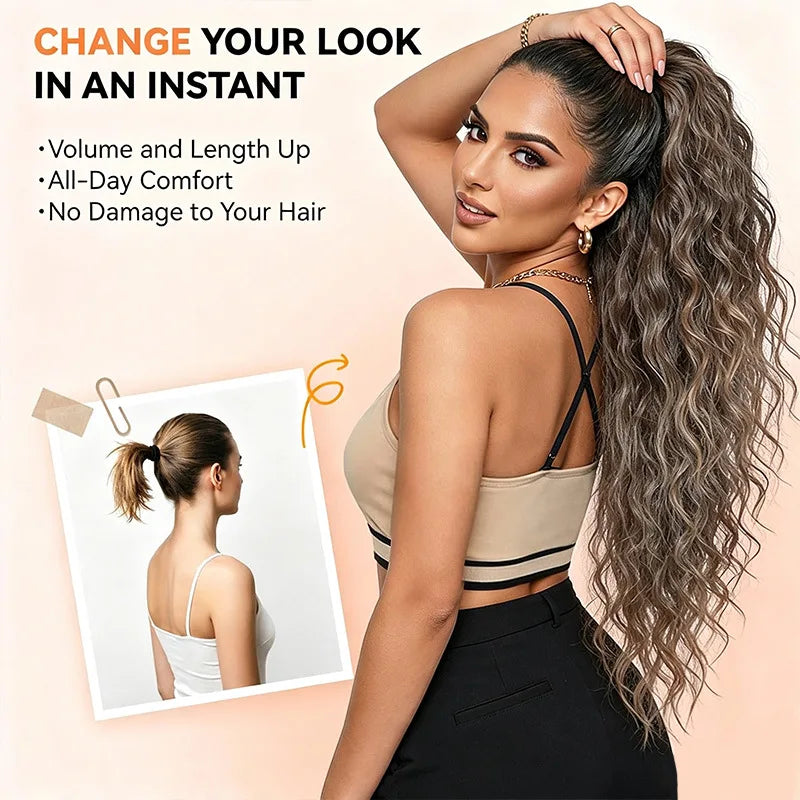 A woman shows off long, wavy hair styled in a high ponytail, demonstrating the use of a matte heat resistant synthetic ponyta