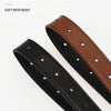 A close-up of a brown leather belt with silver studs and a black leather belt.