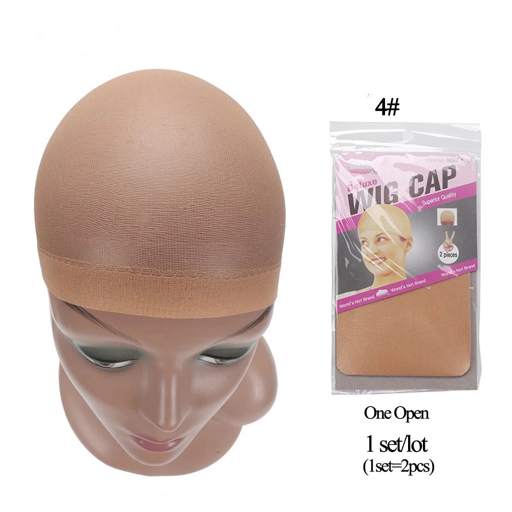 A beige wig cap is shown on a mannequin head, packaged as item 4#.