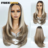 A model displays a long, layered straight synthetic lace front wig in a light brown color.