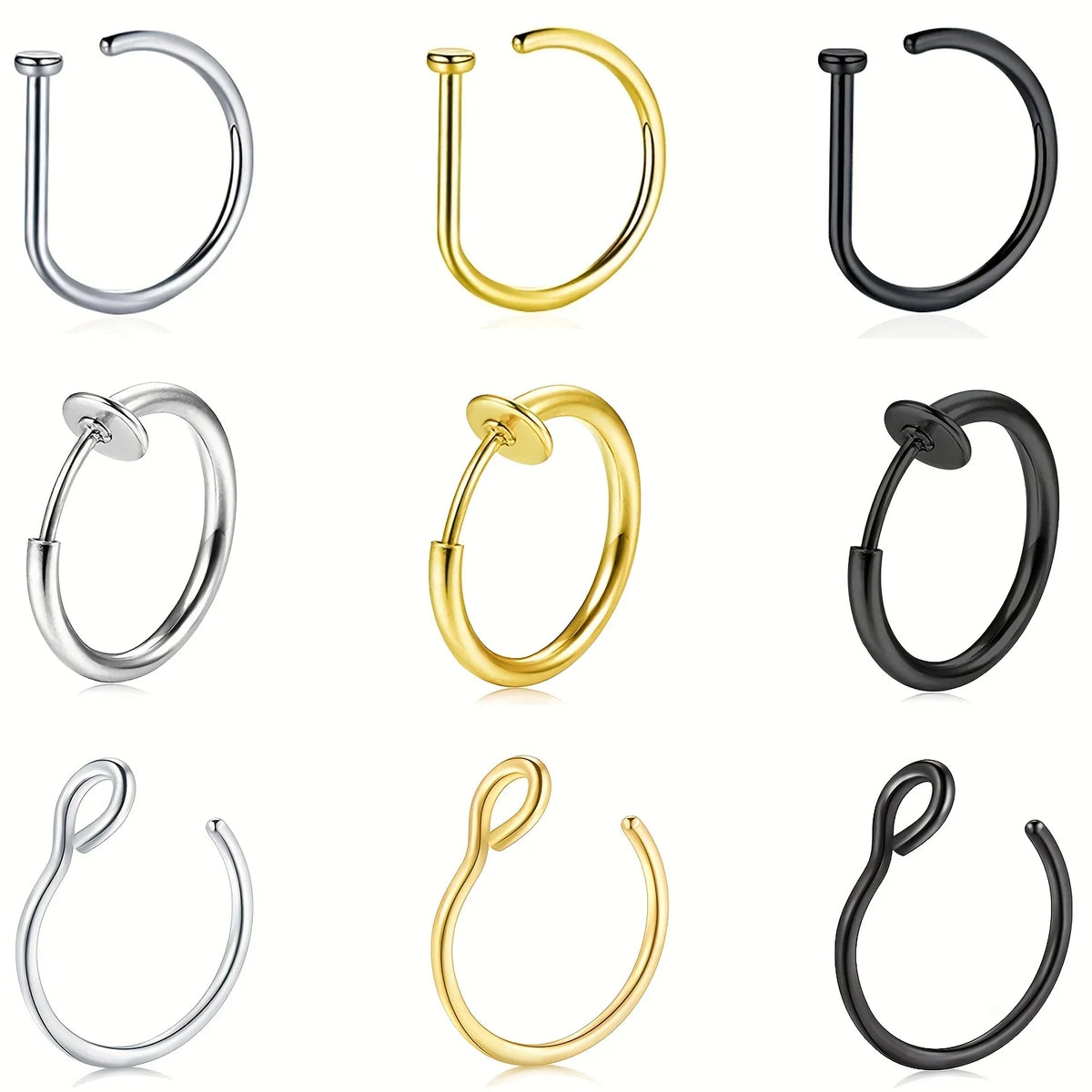 A collection of three magnetic septum rings in silver, gold, and black metal finishes.