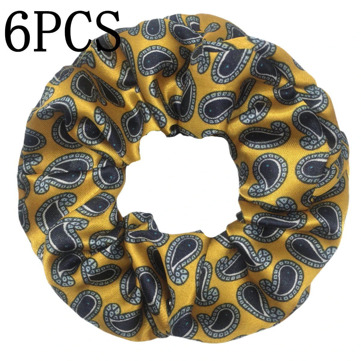 Un set de seis gomas para el pelo de satén con estampado floral en dorado y azul marino.