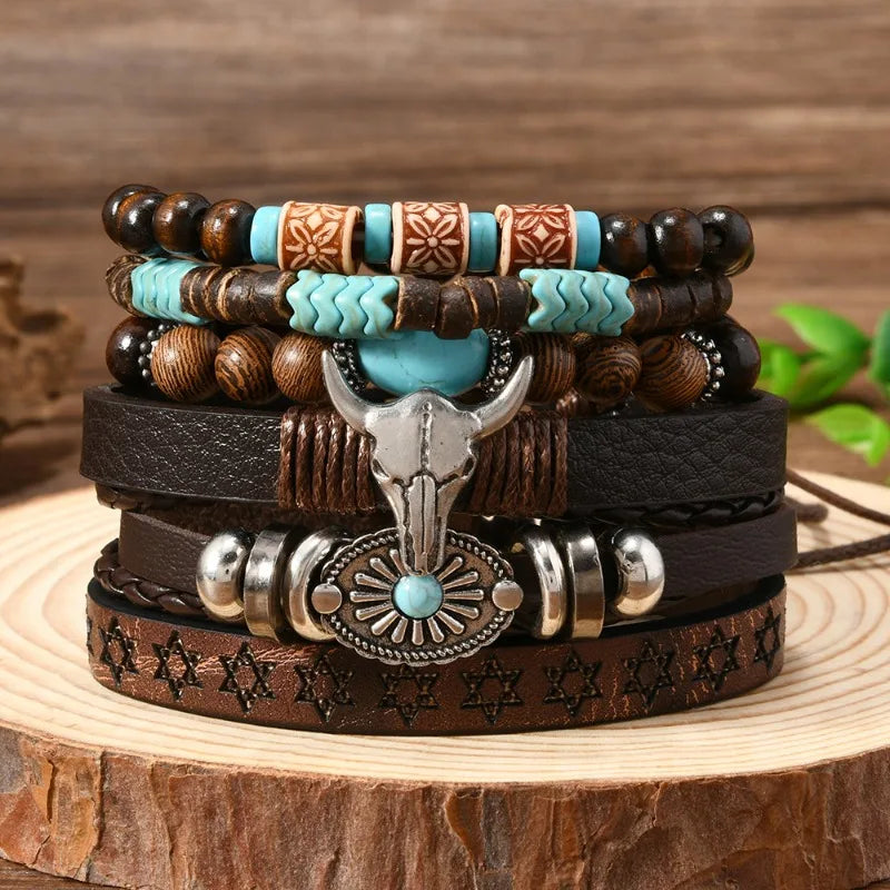 A stack of handcrafted retro western beaded bracelets featuring brown leather, turquoise beads, and silver accents.