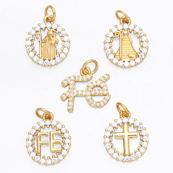 A set of gold-plated charms featuring Virgin Mary figures and crosses for jewelry making
