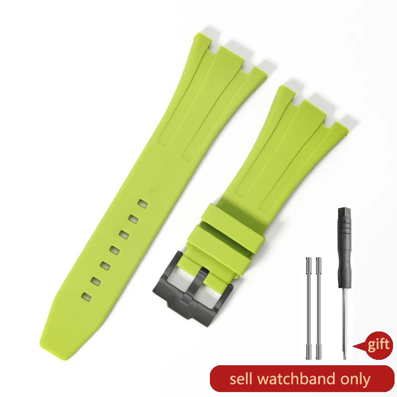 A bright lime green silicone watch band with a quick-release buckle and a separate pin is shown.