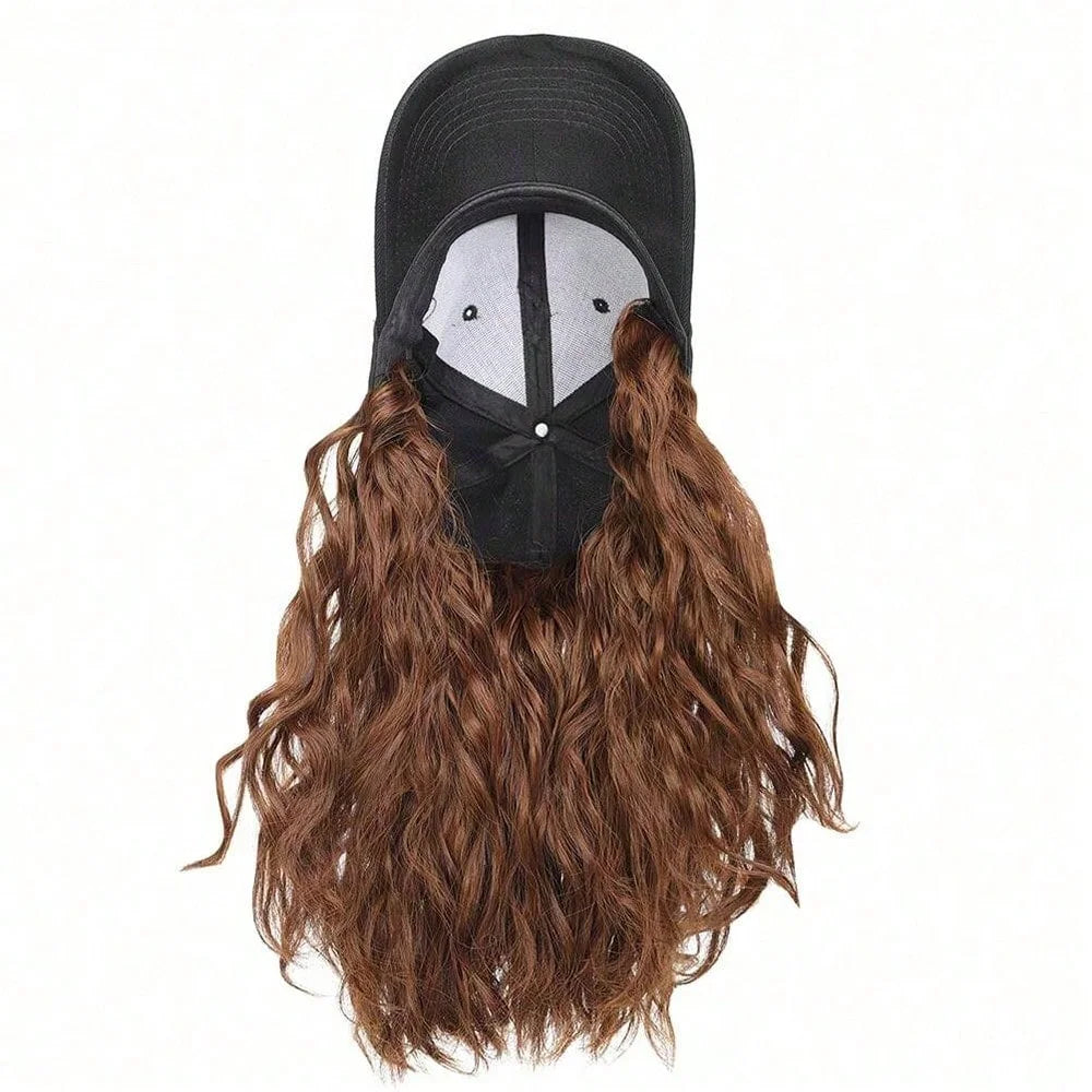 A black adjustable short wave wig with long, curly brown hair displayed against a white background.