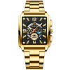 Goldfaruener Luxus-Quarz-Armbanduhr mit schwarzem Zifferblatt und leuchtenden Markern auf Edelstahlarmband.