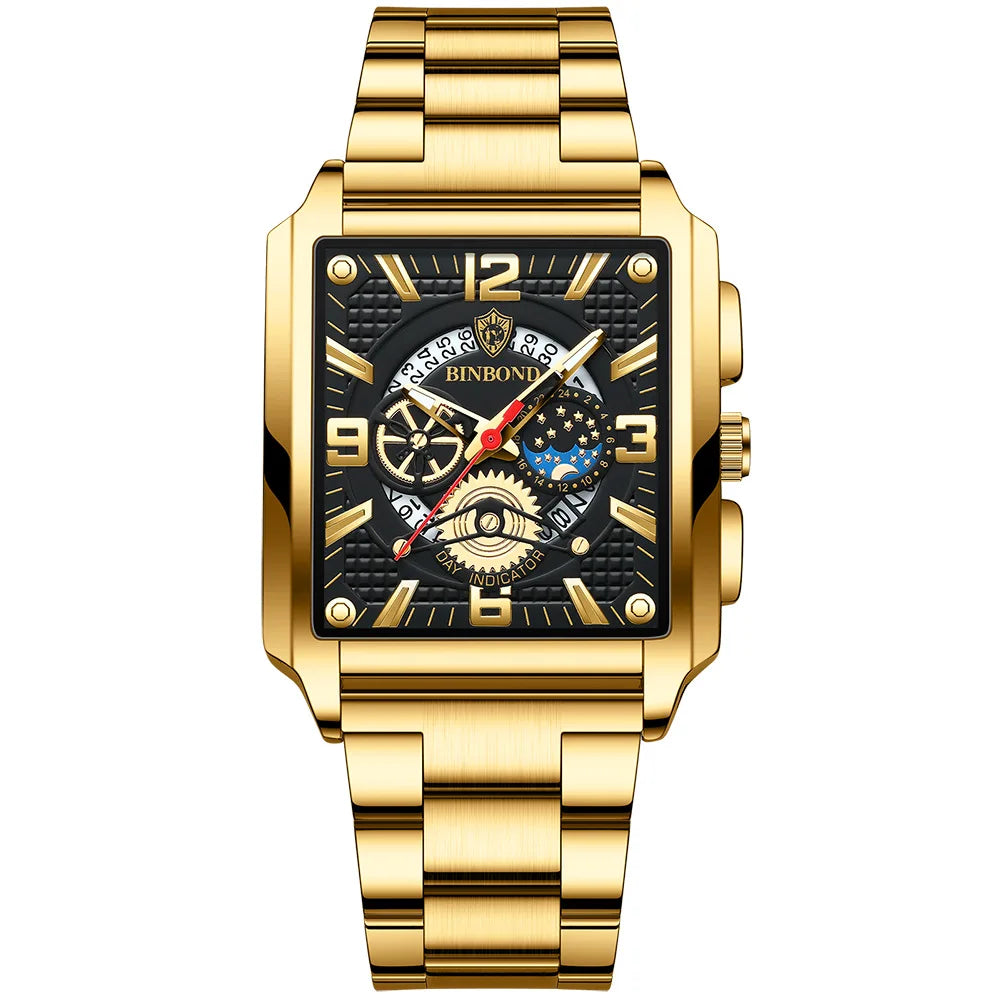 Goldfaruener Luxus-Quarz-Armbanduhr mit schwarzem Zifferblatt und leuchtenden Markern auf Edelstahlarmband.