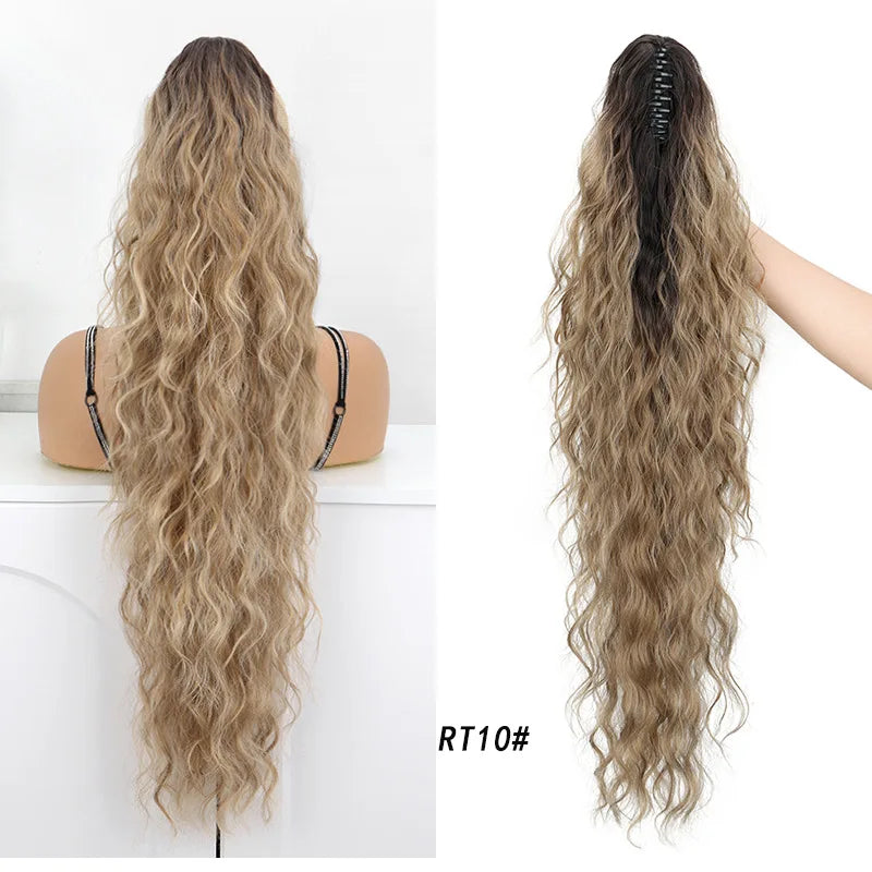 Long, wavy, light brown hair styled in a ponytail using a matte heat resistant synthetic ponytail holder.
