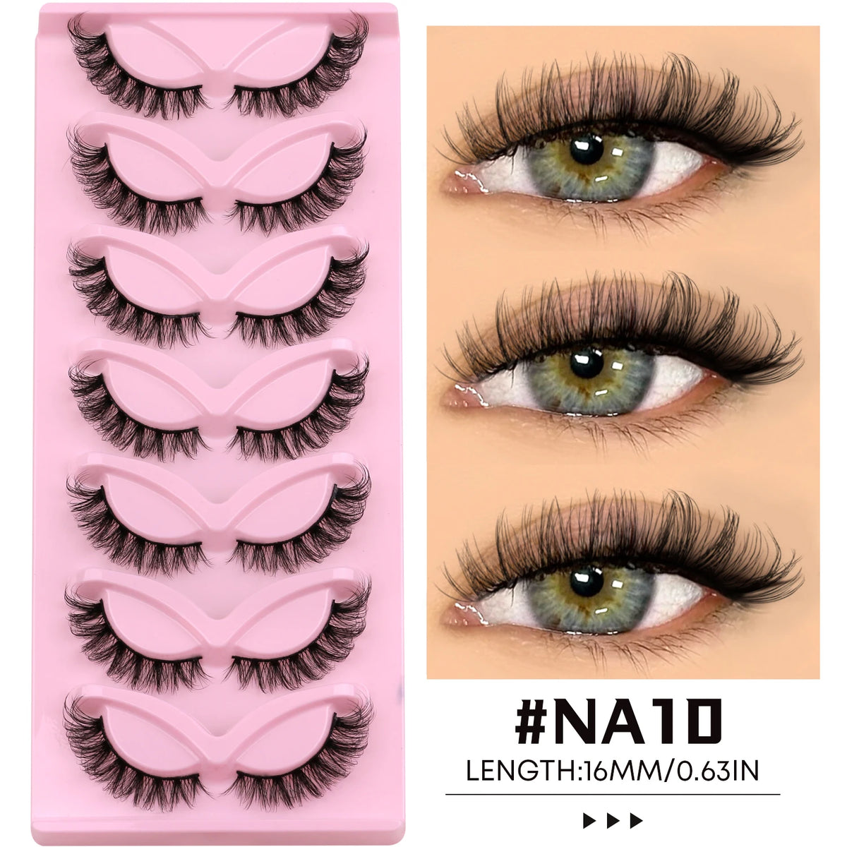 A pink plastic tray holding various styles of black faux mink cat eye eyelashes and a close-up of the lashes on an eye.