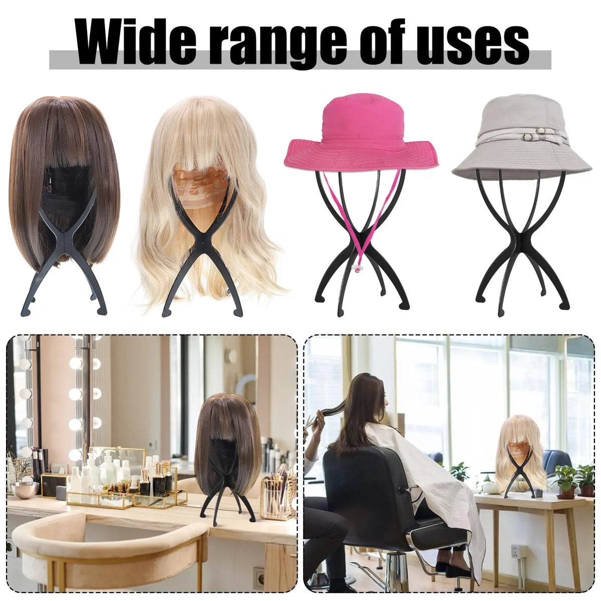 Soporte plegable portátil para exhibir pelucas y piezas de cabello, incluyendo un sombrero rosa y uno gris.