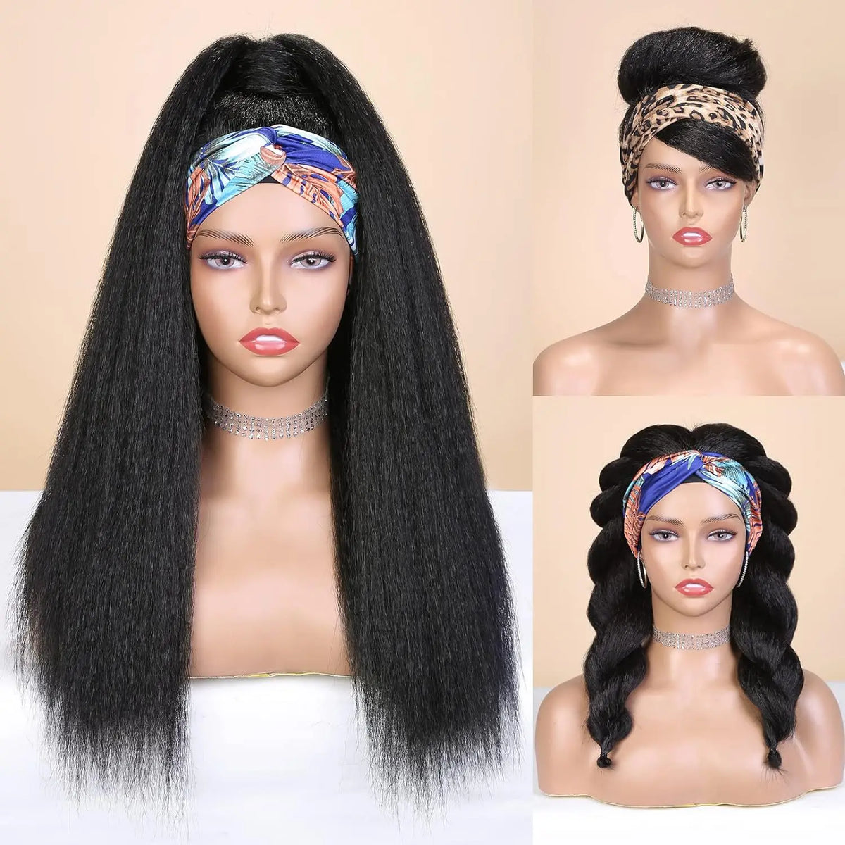 A display of a straight black synthetic wig with an iridescent blue and purple patterned headband worn by a model.