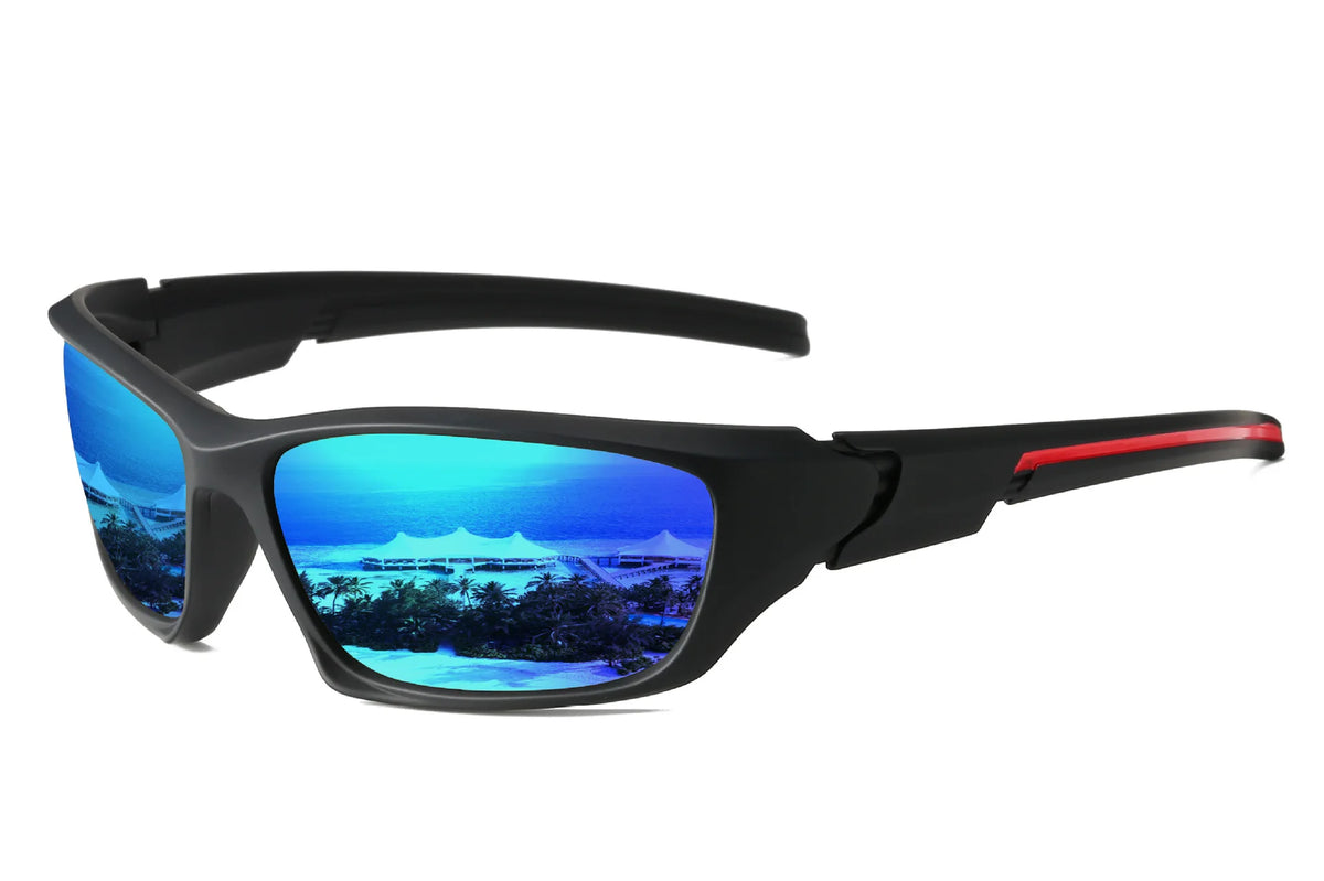 Black sporty sunglasses with blue mirrored lenses and a red accent detail