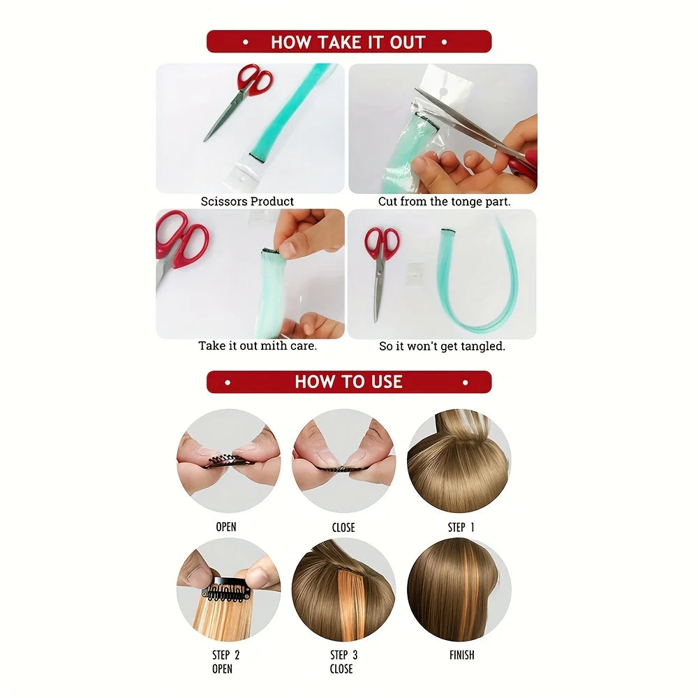 Instructions showing how to take out and use 5-piece clip-in hair extensions