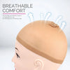 A beige stretchy non-slip wig cap is shown on a mannequin head, emphasizing breathable comfort.