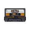 A black and gold enamel pin featuring the word METAL and a cassette tape design.