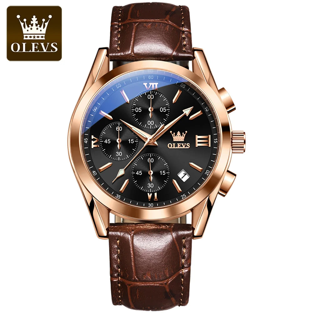 A bronze-toned men's chronograph wristwatch with a dark brown leather strap and blue dial.