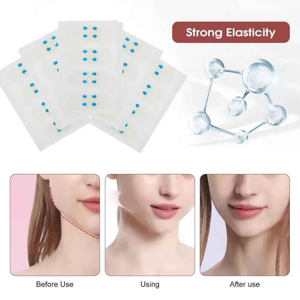Invisible V-Shape Face Lifting Adhesive Patches shown with elasticity demonstration and before/after usage.