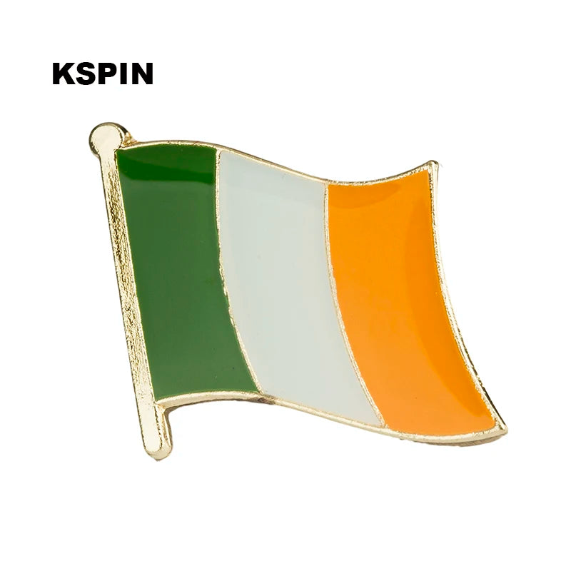 A lapel pin badge shaped like a vertical tricolor flag with green, white, and orange stripes.