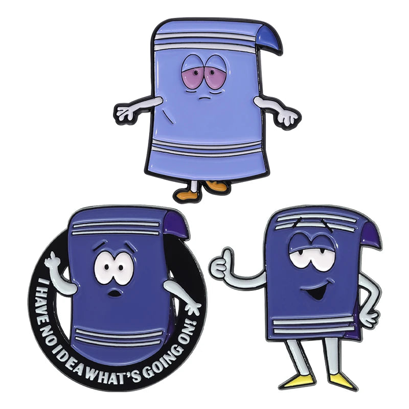 A set of enamel cartoon and anime brooches featuring a purple character with surprised facial expressions.