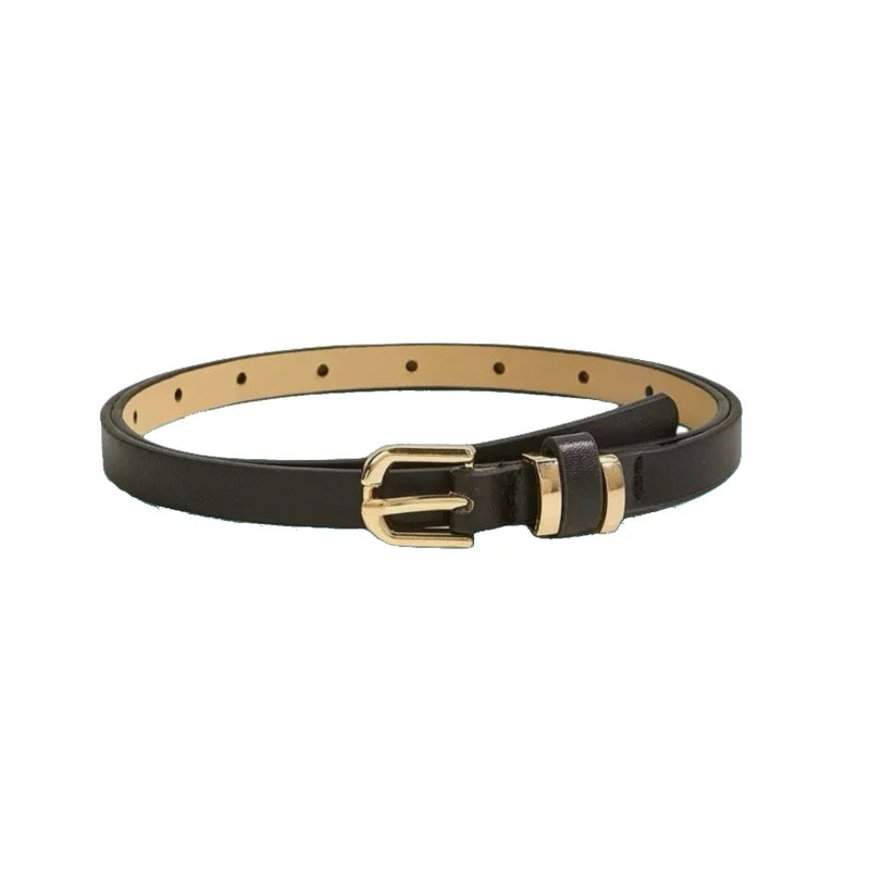A black slim PU leather belt with a gold vintage buckle.