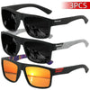 A set of three polarized sport sunglasses, including black and orange lenses, displayed against a white background.