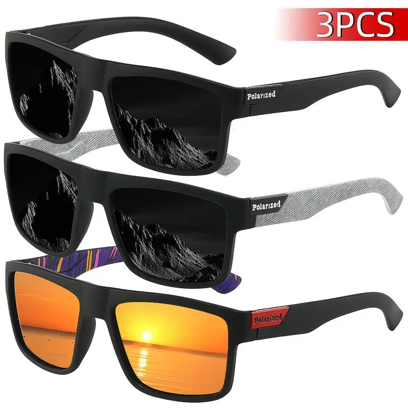 A set of three polarized sport sunglasses, including black and orange lenses, displayed against a white background.
