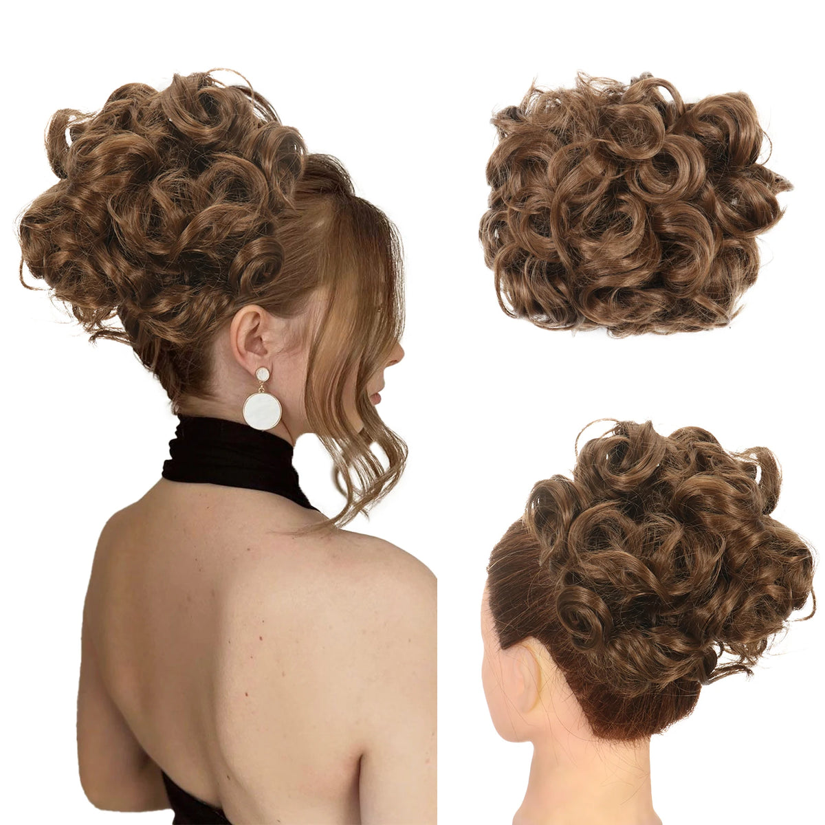 A woman shows off a synthetic curly chignon hairstyle with loose curls and a messy bun texture.