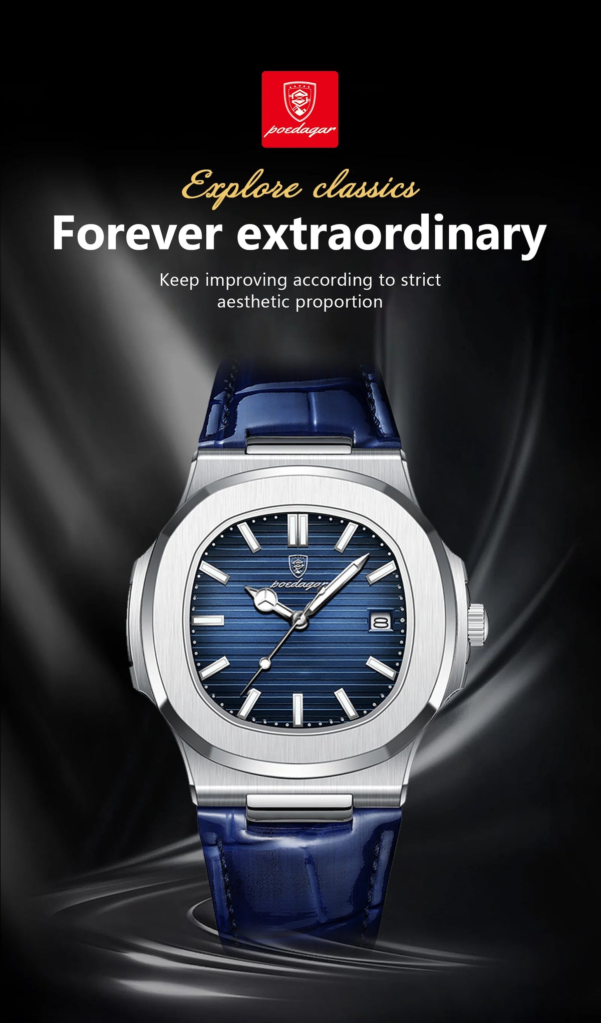 A close-up shot of a blue leather strap luxury men's watch with a silver case and blue dial against a dark background.