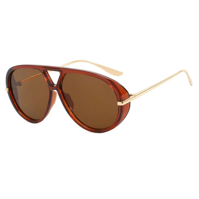 Brown tinted aviator style sunglasses with gold-toned arms