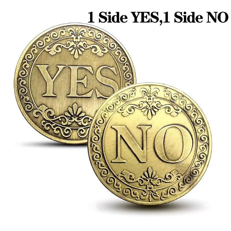 Two vintage antique bronze decision coins, one marked YES and the other NO.