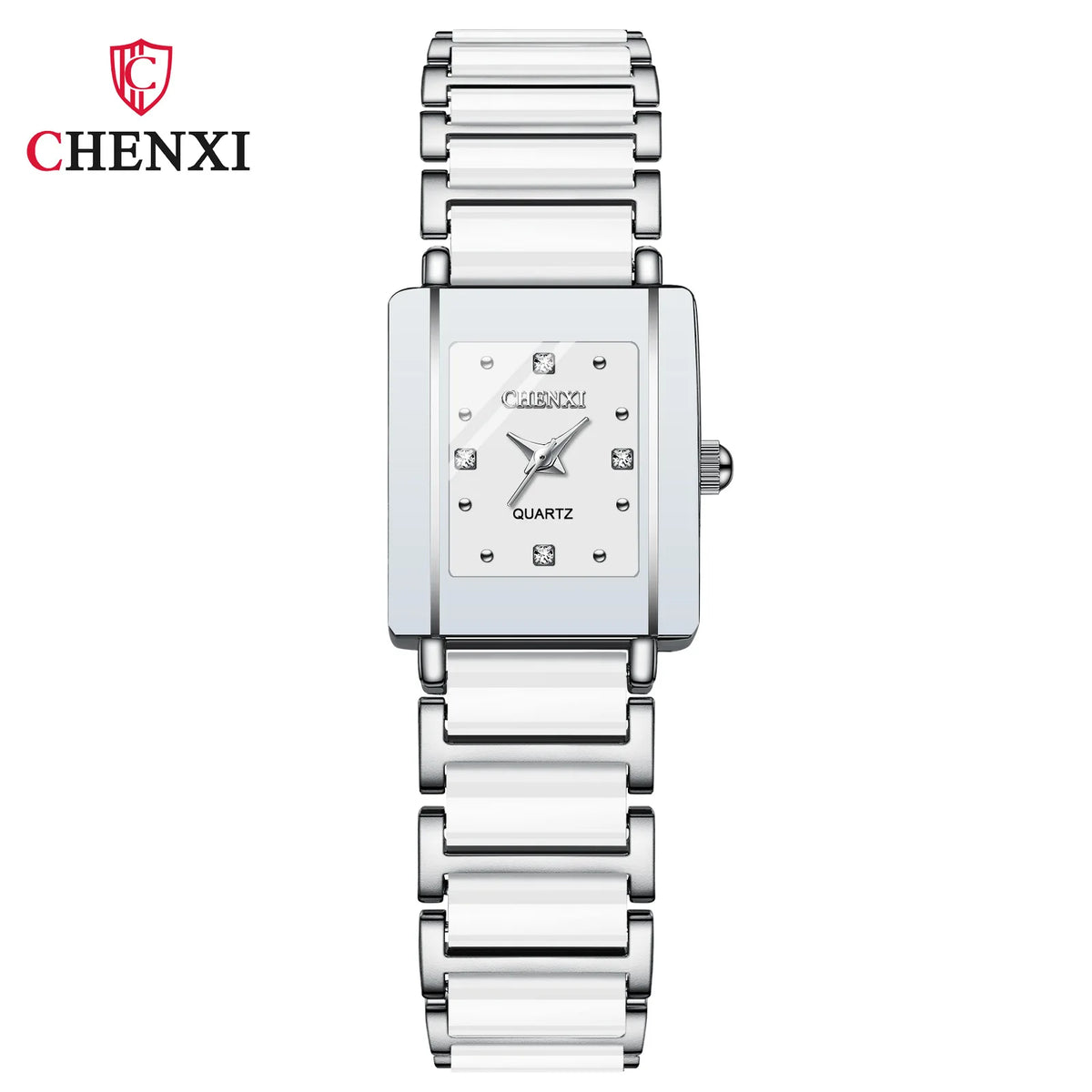 A silver luxury quartz couple watch with a stainless steel band and a square face.