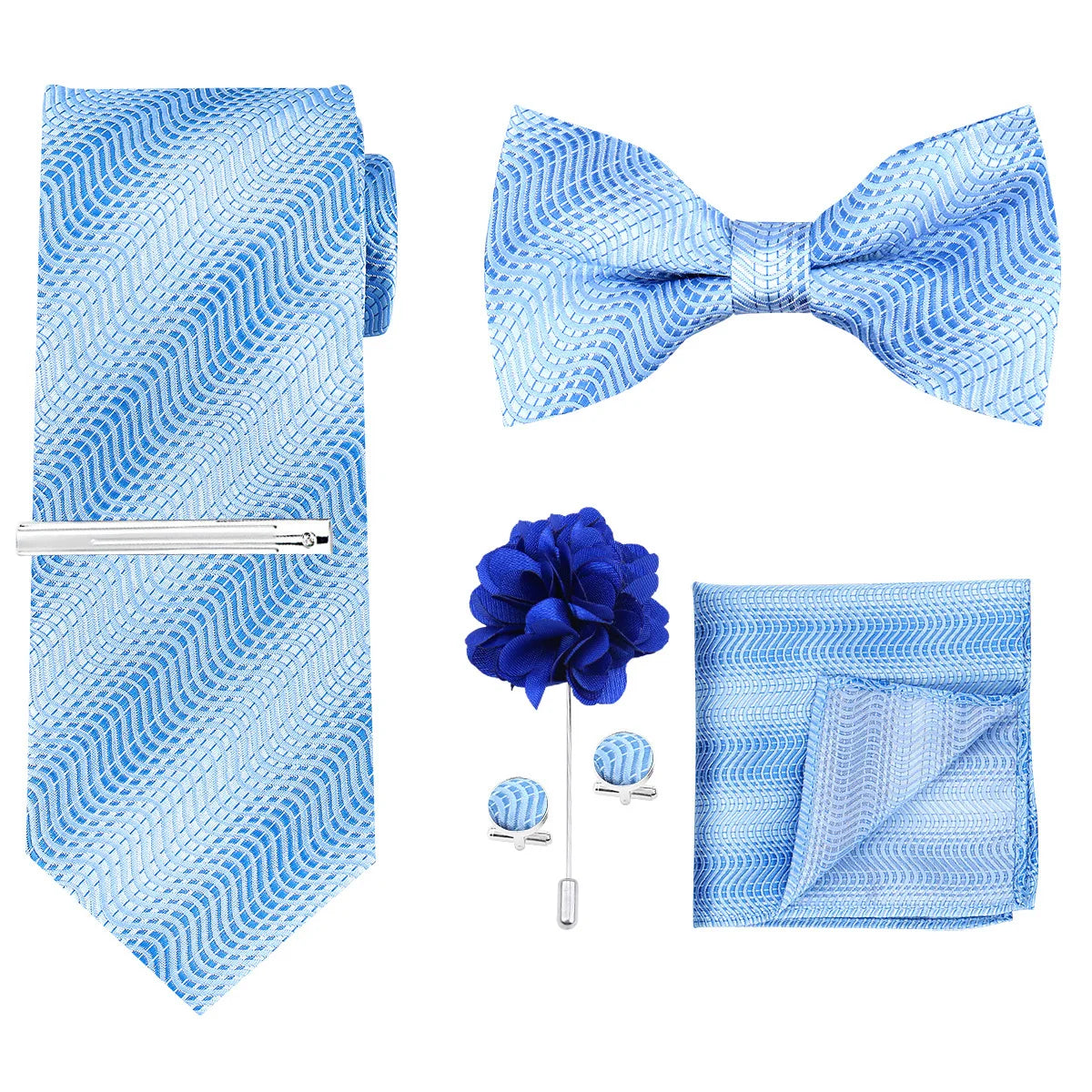 A set of light blue patterned neckties, a bow tie, and a pocket square displayed together.