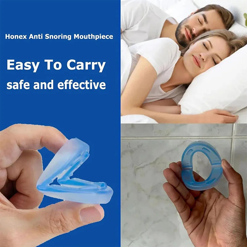 A hand holds a clear blue double-layer dental brace for anti-snoring relief.