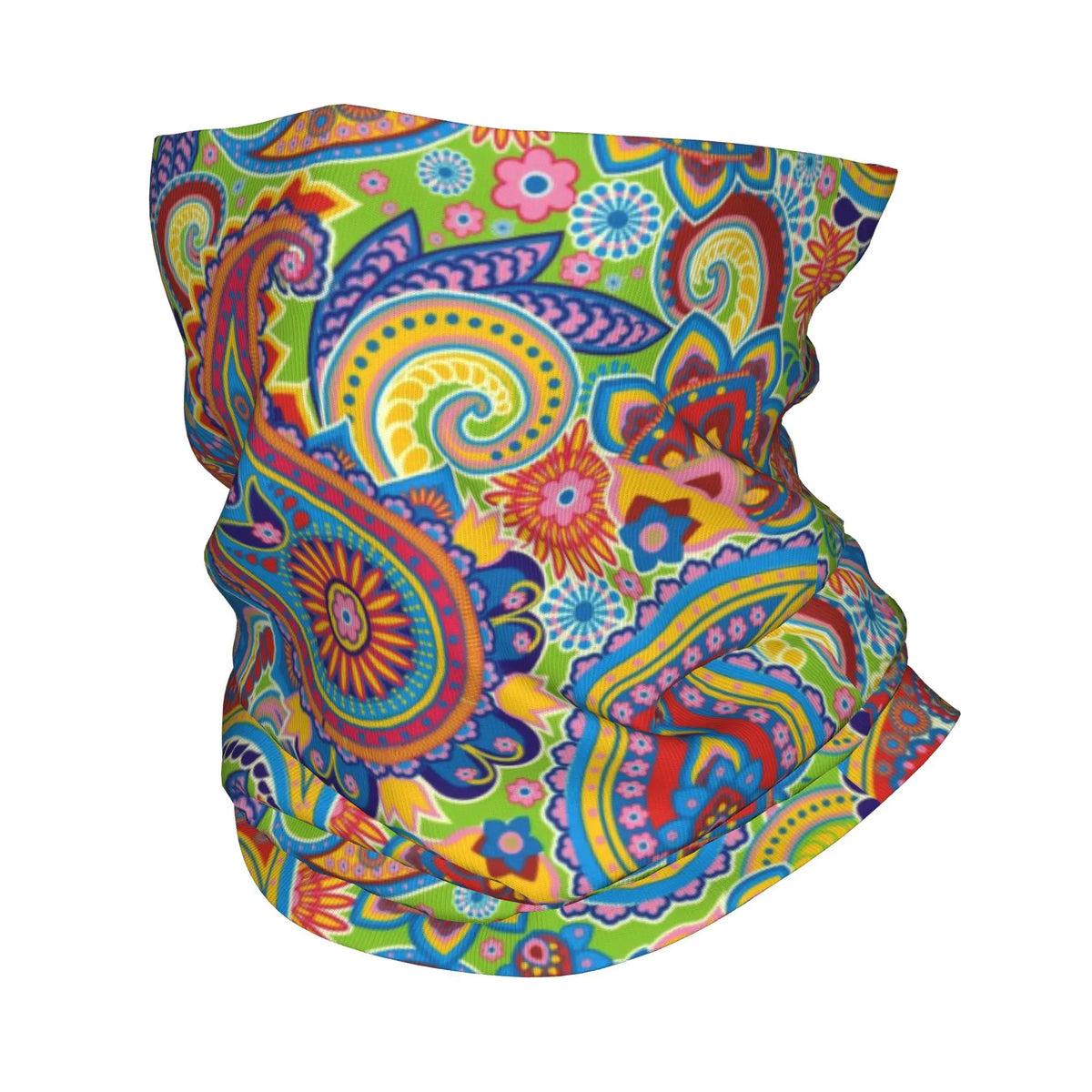 Bandana cuello con estampado paisley chicano colorido en rosa, verde, azul y amarillo.