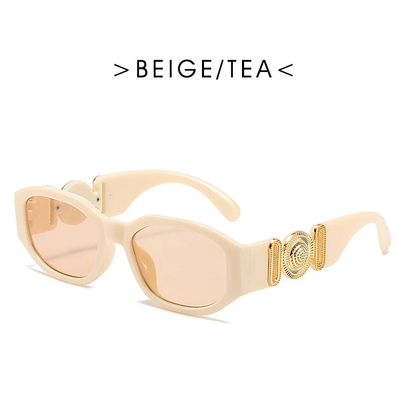 Beige/Tee Vintage Luxus-Square-Sonnenbrille mit Goldakzenten