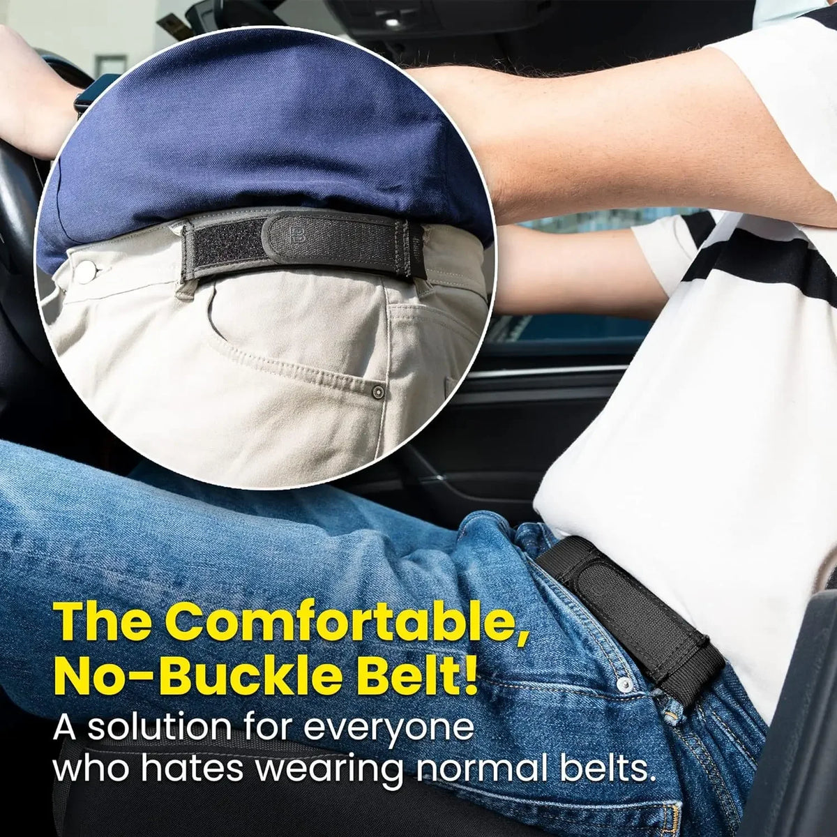 A close-up of a blue elastic waist belt being worn around the waist of a person wearing jeans.