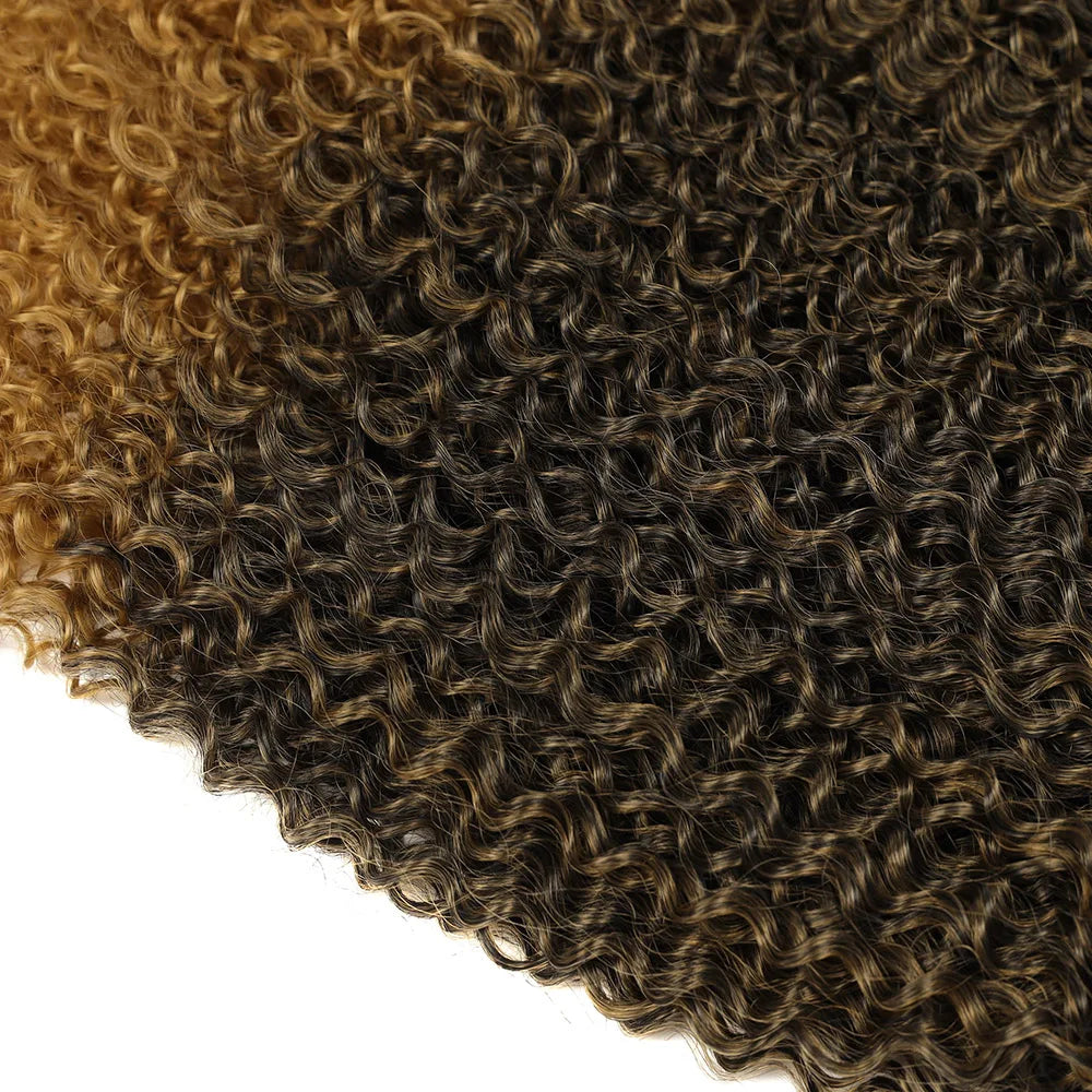 Close-up view of long, dark brown curly hair extensions bundle.