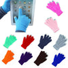 A collection of colorful knit gloves, including pink, blue, green, orange, and purple, displayed next to a touch screen devic