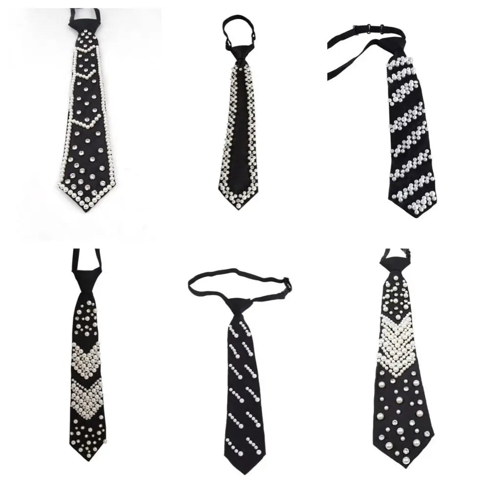 Elegant black rhinestone pearl tie in various patterns for academic or daily wear