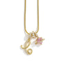 Gold alphabet letter pendant necklace featuring a pink flower charm