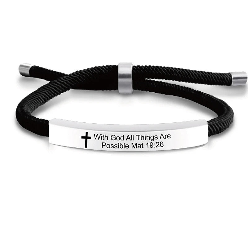 Black cord bracelet with a silver bar and the scripture quote With God All Things Are Possible Mat 19:26 engraved on a white 