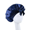 A navy blue satin wide-brimmed hair wrap headscarf displayed on a white mannequin.