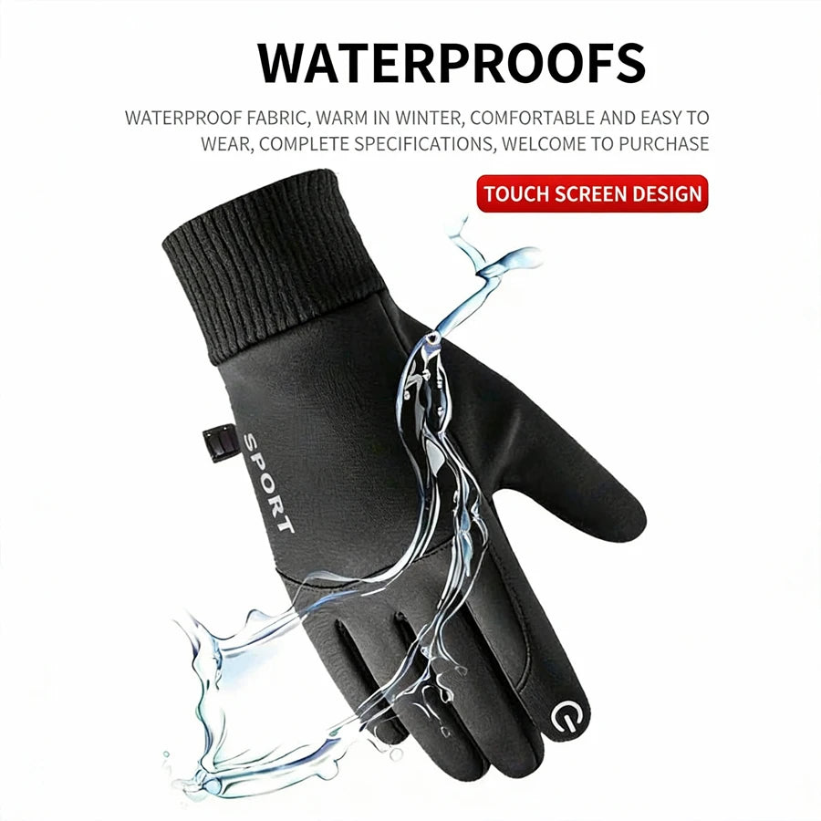 Black waterproof sports gloves with a touch screen design shown against a white background.
