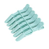A set of six light blue alligator hair sectioning clips arranged in a row.