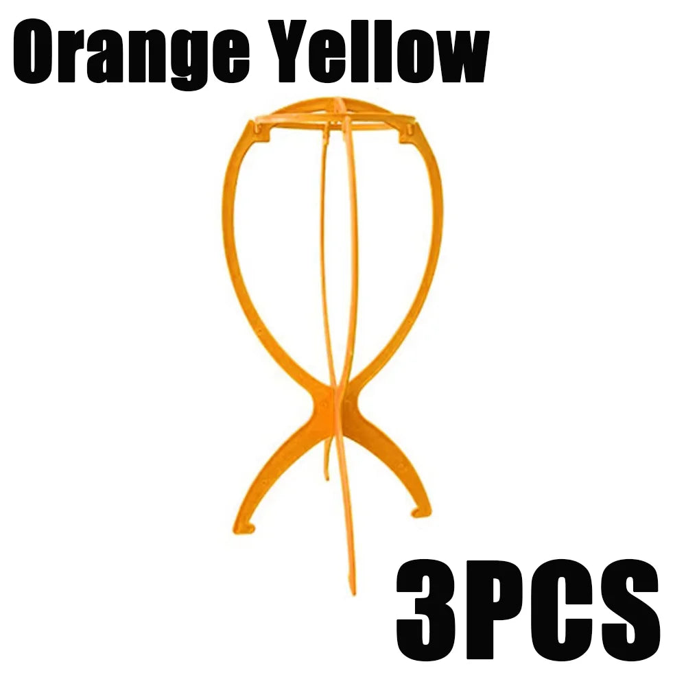 Soporte plegable portátil de color naranja y amarillo para peluca, con tres piezas